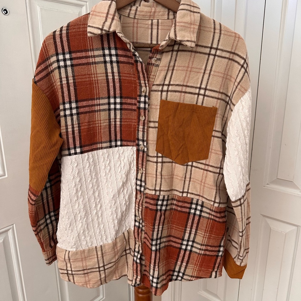 Plaid Color Block Button Down Shirt Jacket- Brown and White